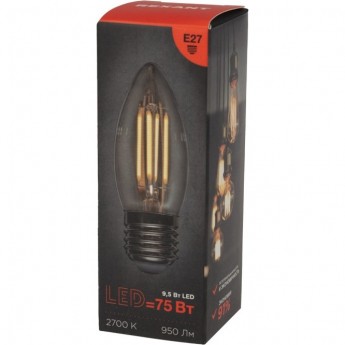 Лампа филаментная REXANT СВЕЧА CN35 9,5Вт 950Лм 2700K E27 прозрачная колба