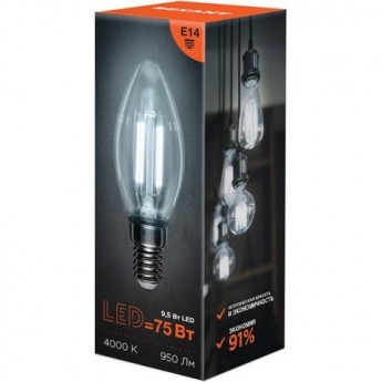 Лампа филаментная REXANT СВЕЧА CN35 9,5Вт 950Лм 4000K E14 прозрачная колба