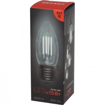 Лампа филаментная REXANT СВЕЧА CN35 9,5Вт 950Лм 4000K E27 прозрачная колба