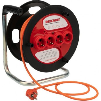 Удлинитель-шнур на катушке REXANT ПВС 3х1.5, 20 м, 4 гнезда, с/з, 16 А, 3300 Вт, IP20, оранжевый (Сделано в России)